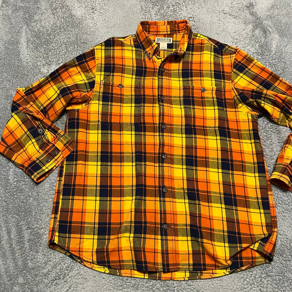 Duluth Flannel Shirt Mens Large Orange Plaid Long Sleeve Button Hike Outdoor
